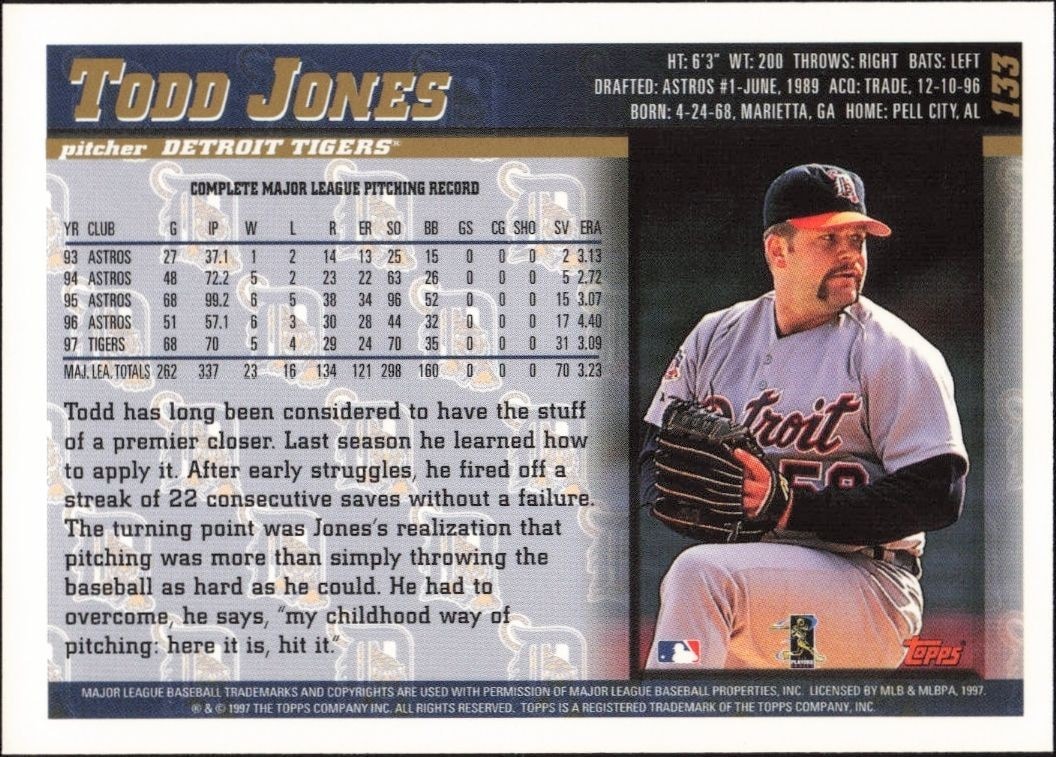 1998 Topps Todd Jones #133 baseball trading card back