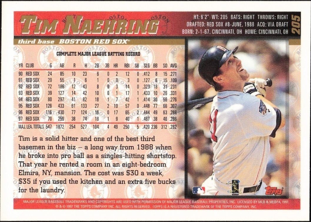 1998 Topps Tim Naehring #205 baseball trading card back