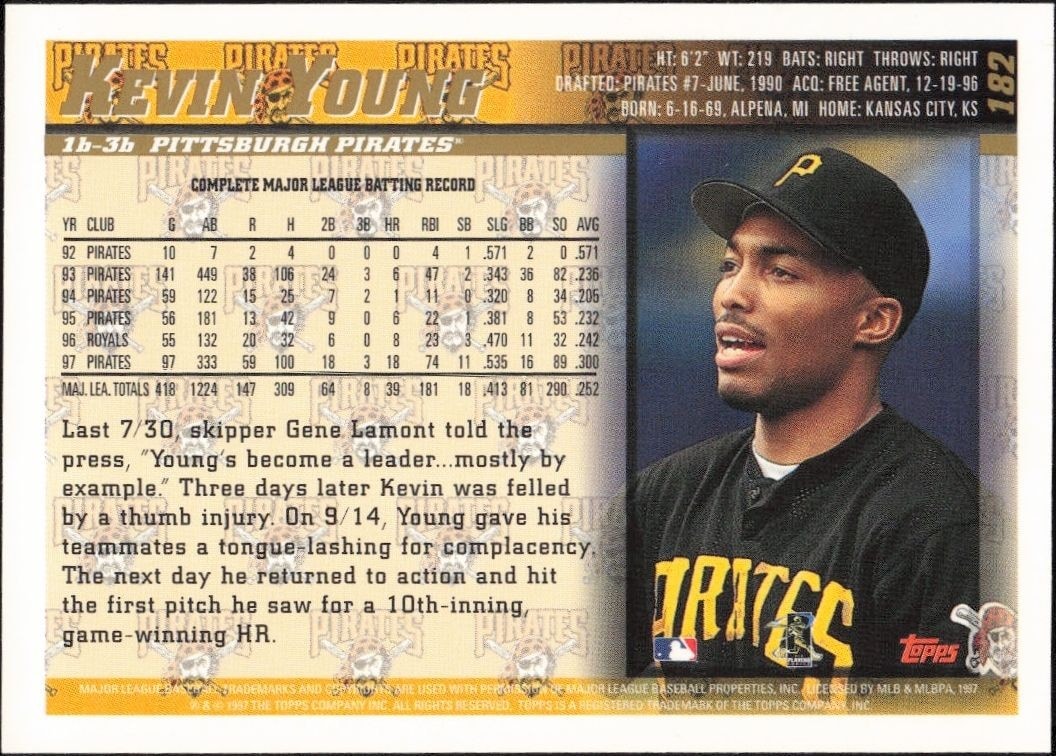 1998 Topps Kevin Young #182 baseball trading card back