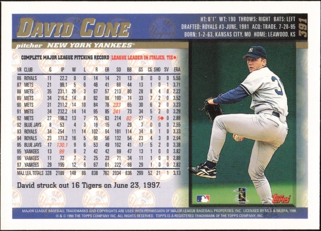 1998 Topps David Cone #391 baseball trading card back