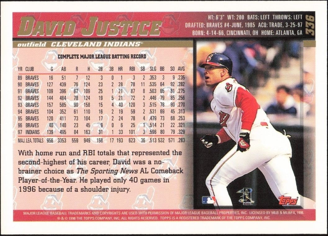 1998 Topps David Justice #336 baseball trading card back