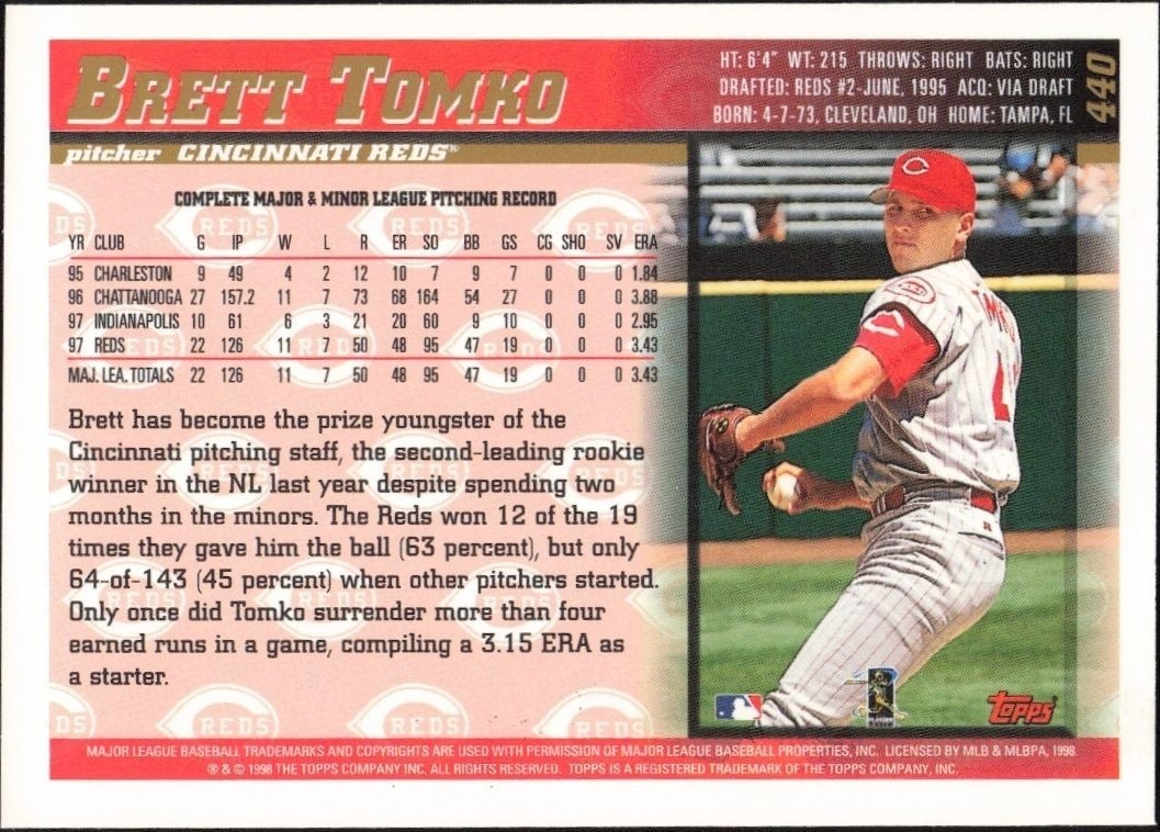 1998 Topps Brett Tomko #440 baseball trading card back