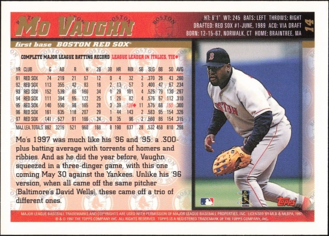 1998 Topps Mo Vaughn #14 baseball trading card back