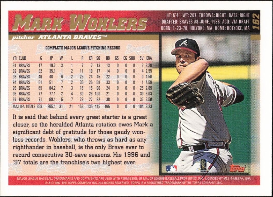 1998 Topps Mark Wohlers #162 baseball trading card back