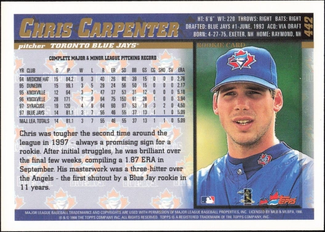 1998 Topps Chris Carpenter #442 baseball trading card back