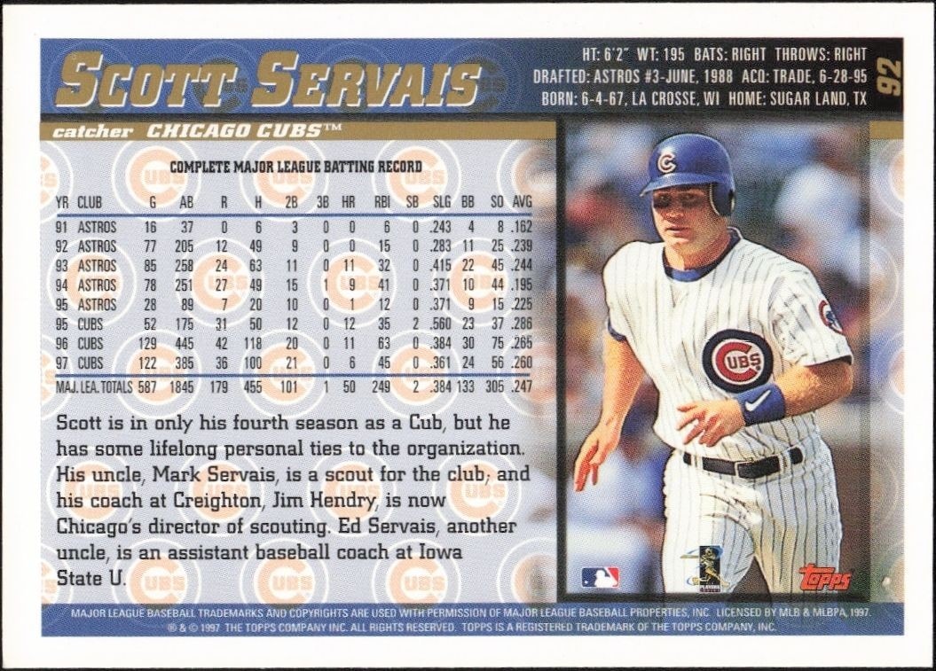 1998 Topps Scott Servais #92 baseball trading card back