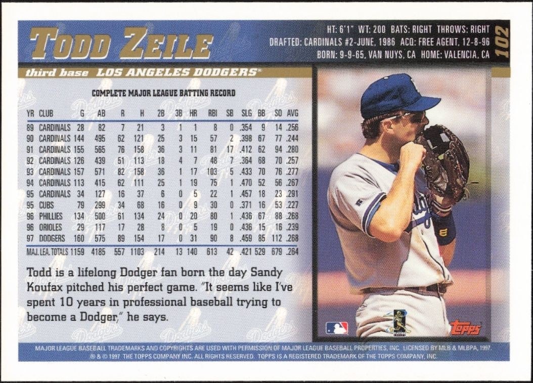 1998 Topps Todd Zeile #102 baseball trading card back