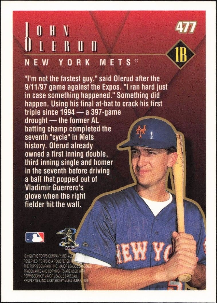 1998 Topps John Olerud #477 baseball trading card back