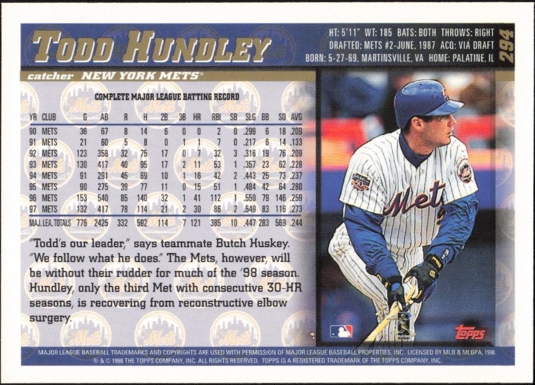 1998 Topps Todd Hundley #294 baseball trading card back
