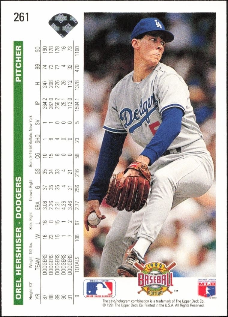 1992 Upper Deck Orel Hershiser #261 baseball trading card back