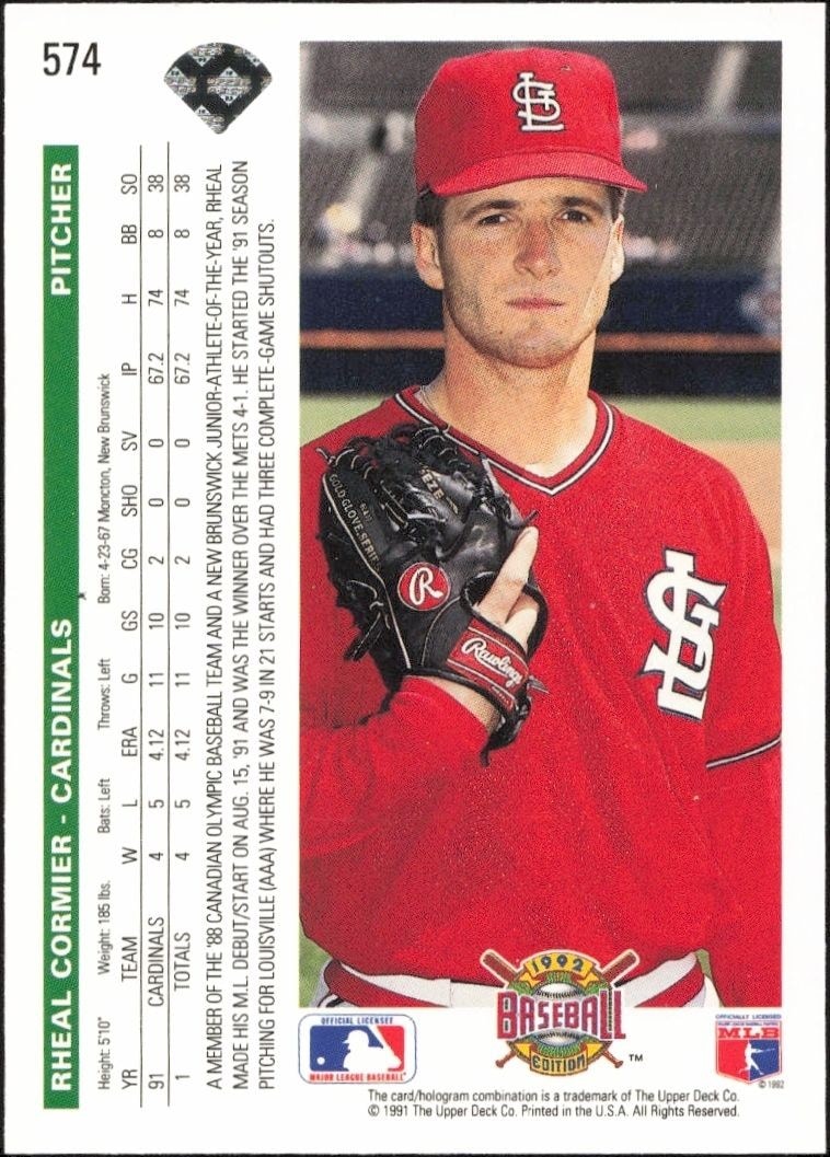1992 Upper Deck Rheal Cormier #574 baseball trading card back
