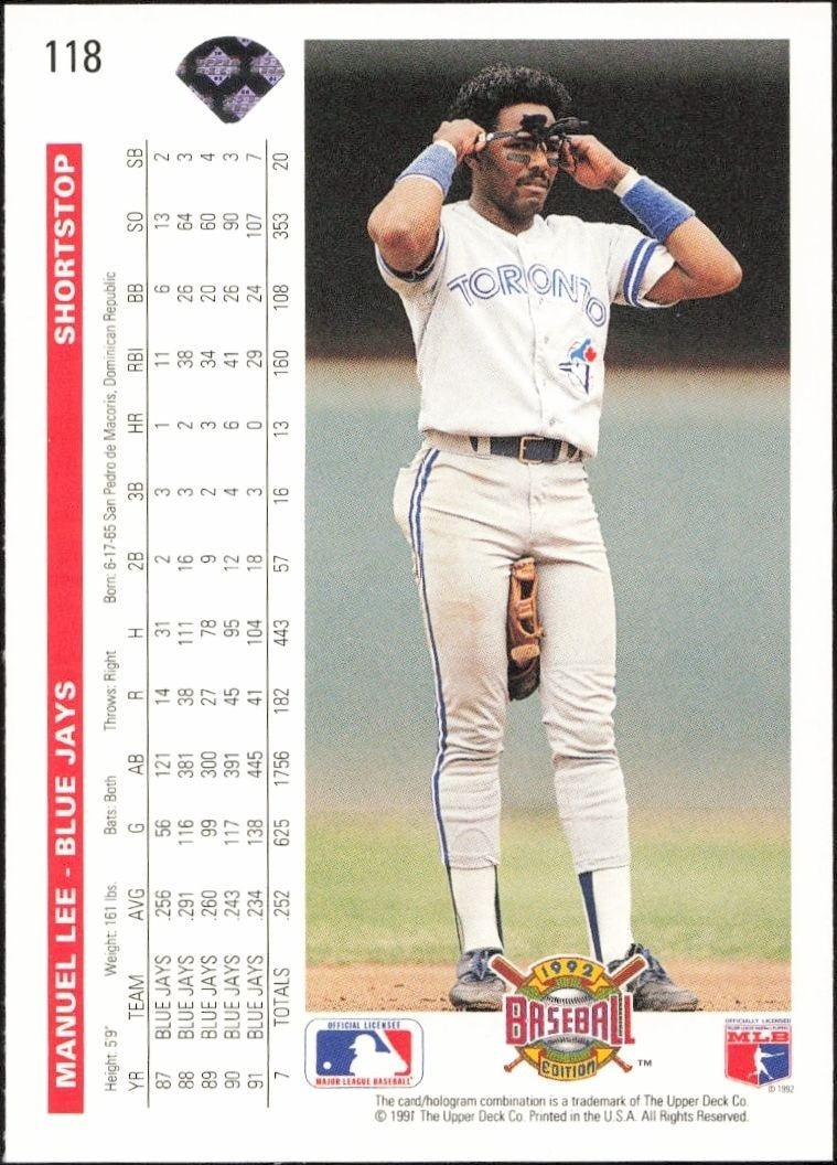 1992 Upper Deck Manuel Lee #118 baseball trading card back