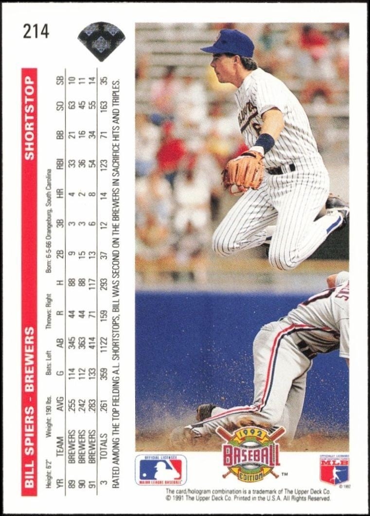 1992 Upper Deck Bill Spiers #214 baseball trading card back