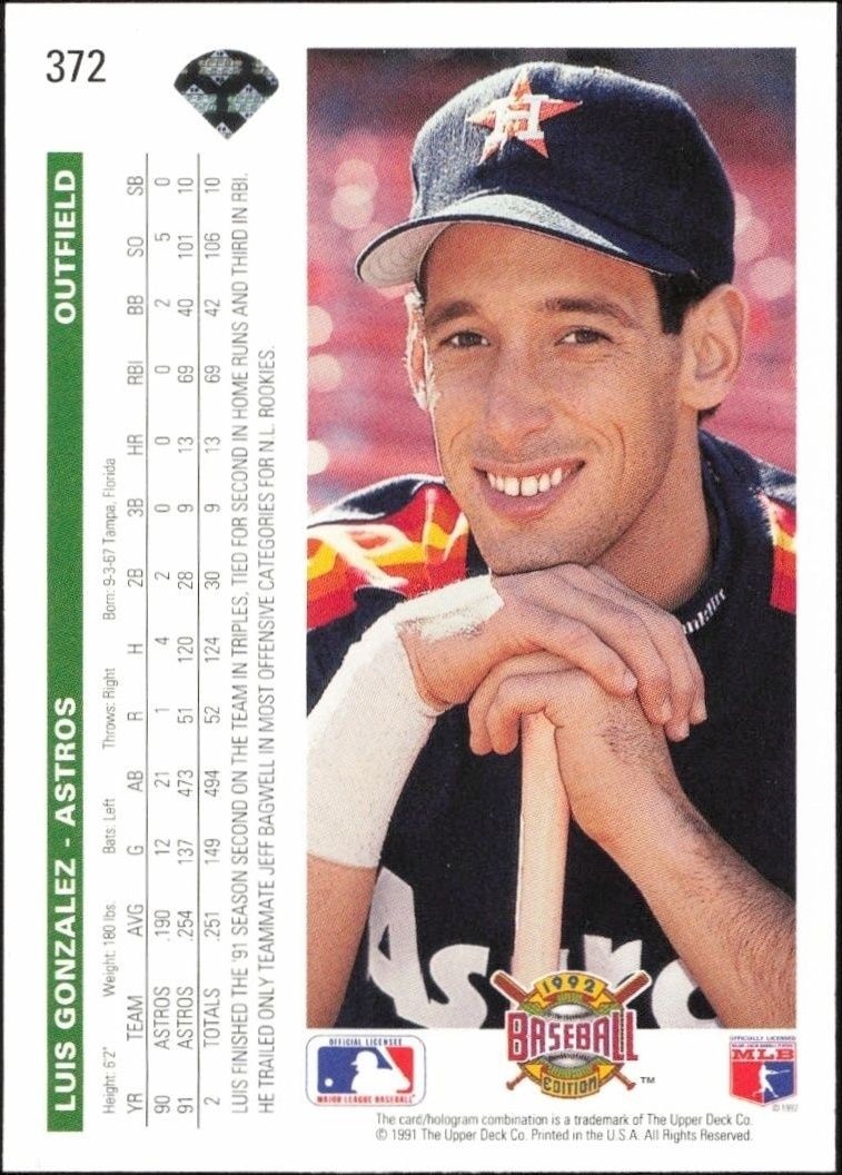 1992 Upper Deck Luis Gonzalez #372 baseball trading card back