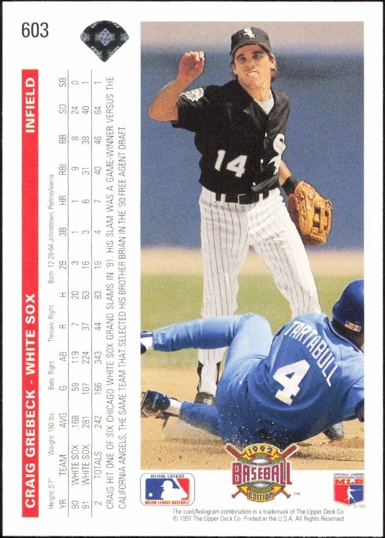 1992 Upper Deck Craig Grebeck #603 baseball trading card back