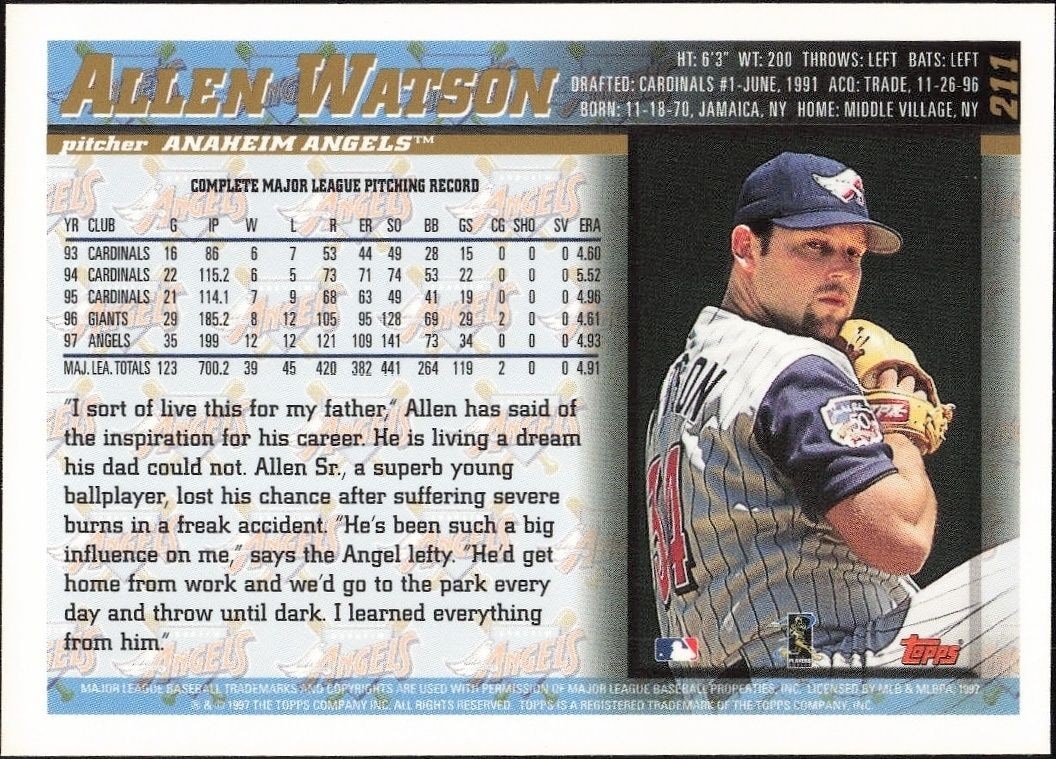 1998 Topps Allen Watson #211 baseball trading card back