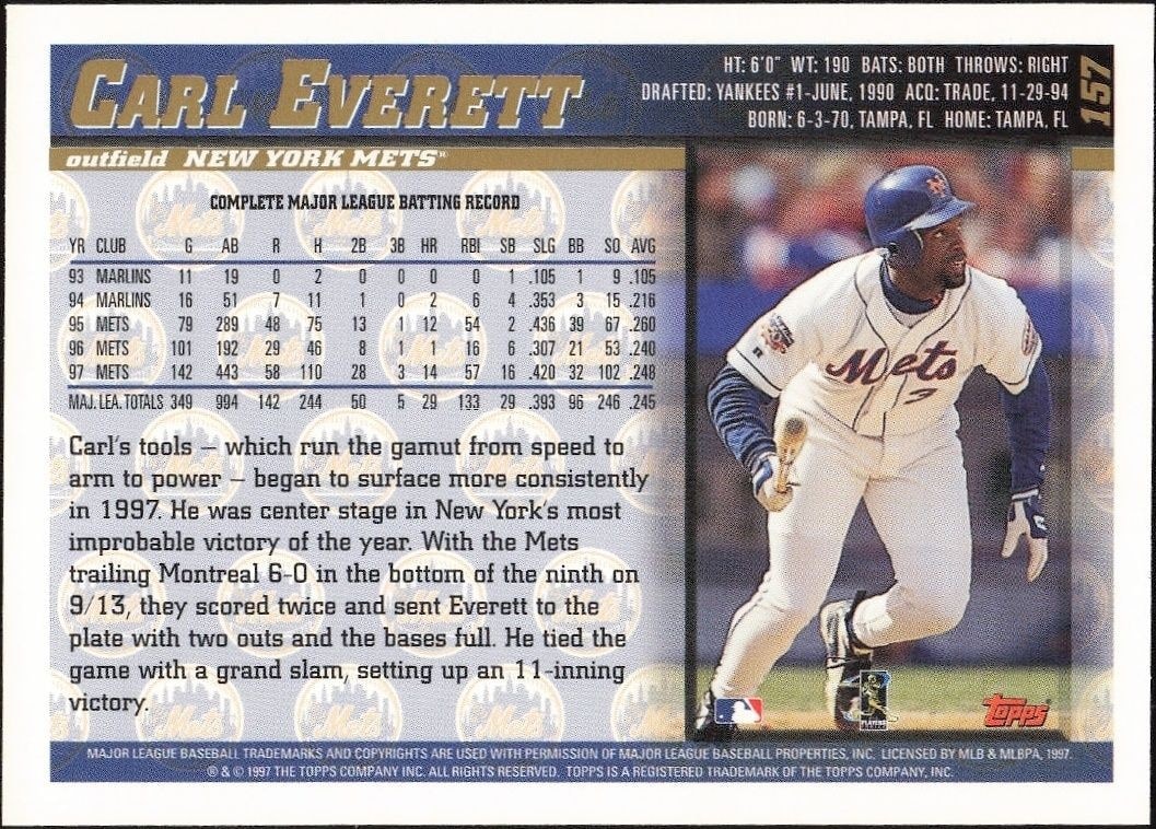 1998 Topps Carl Everett #157 baseball trading card back
