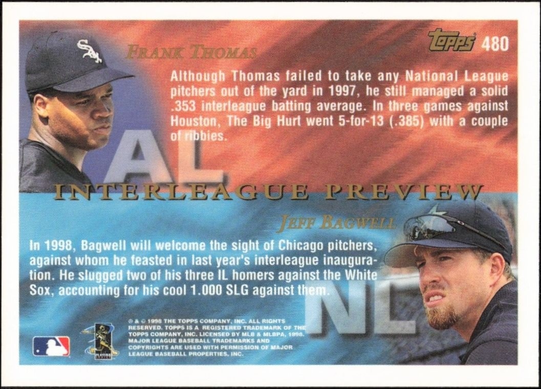 1998 Topps Frank Thomas #480 baseball trading card back