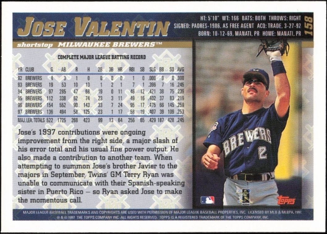 1998 Topps Jose Valentin #158 baseball trading card back