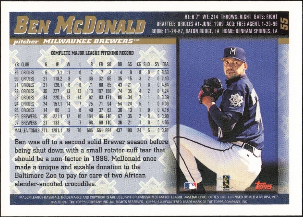 1998 Topps Ben McDonald #55 baseball trading card back