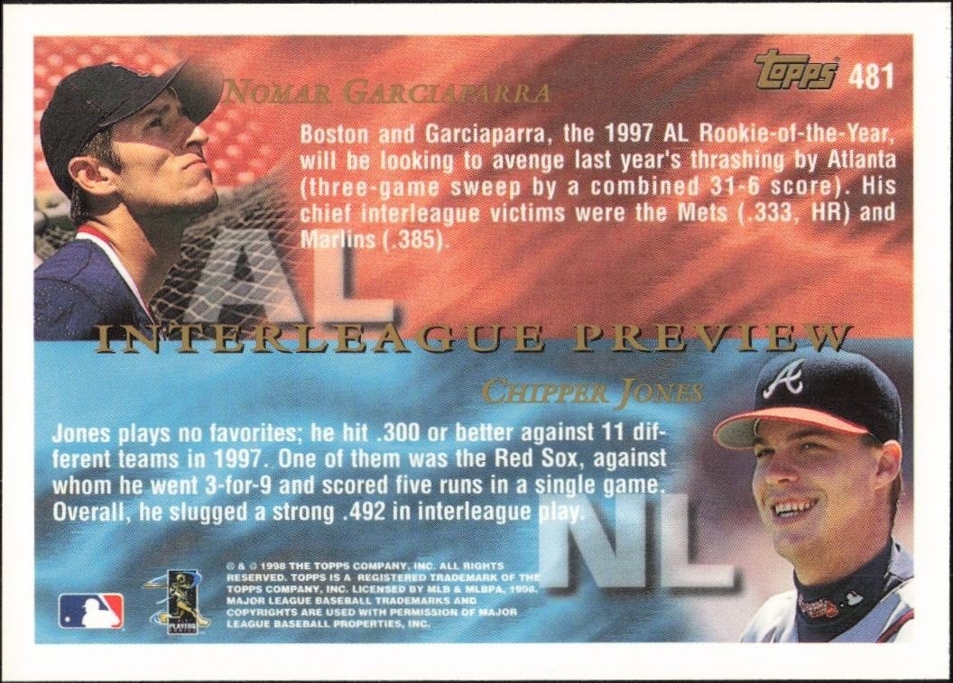 1998 Topps Nomar Garciaparra #481 baseball trading card back