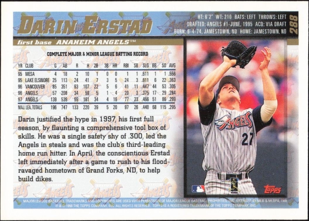 1998 Topps Darin Erstad #288 baseball trading card back