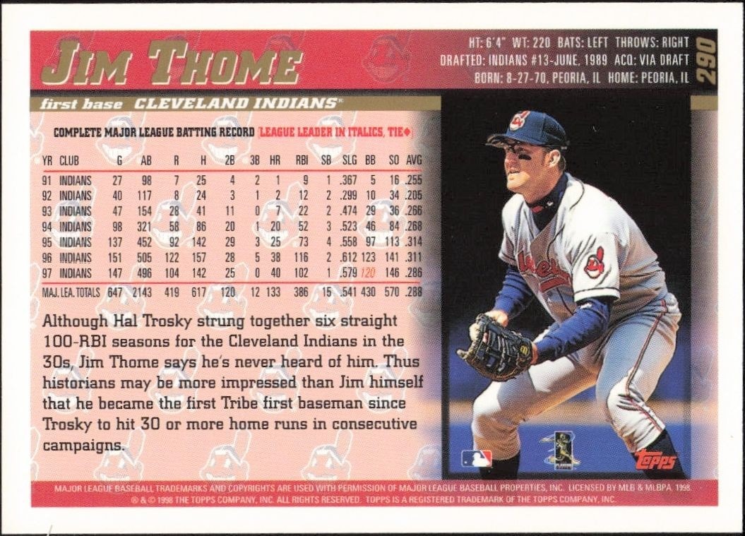 1998 Topps Jim Thome #290 baseball trading card back