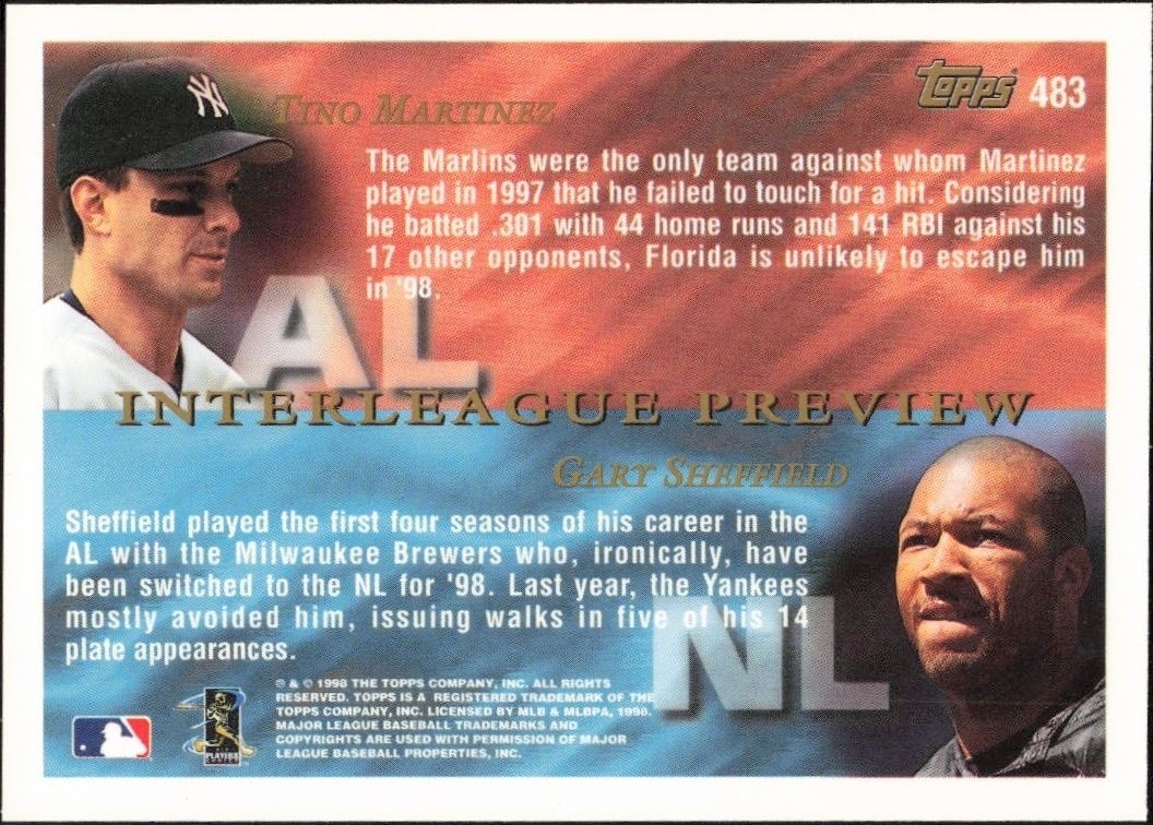 1998 Topps Tino Martinez #483 baseball trading card back