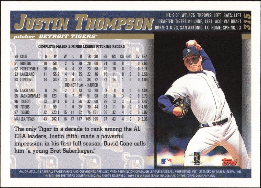 1998 Topps Justin Thompson #315 baseball trading card back