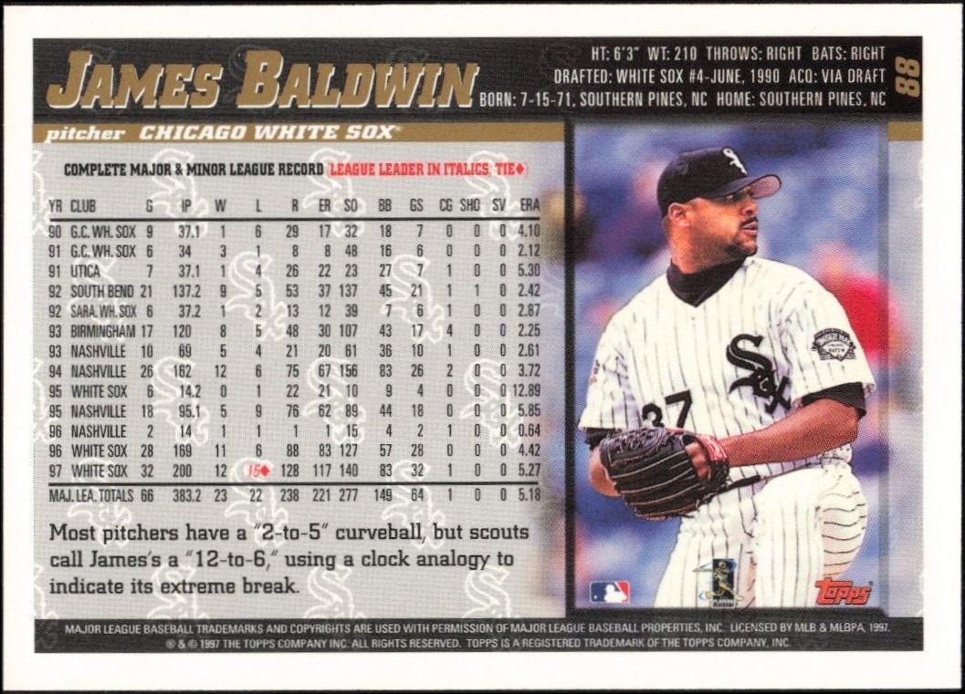 1998 Topps James Baldwin #88 baseball trading card back