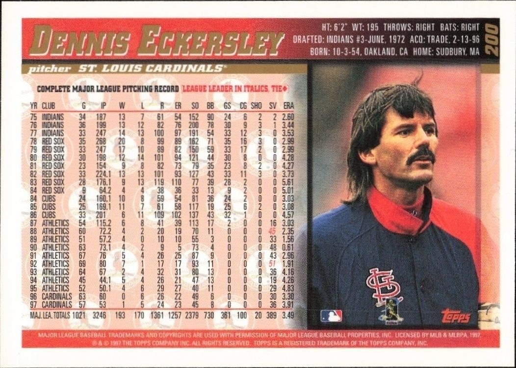 1998 Topps Dennis Eckersley #200 baseball trading card back