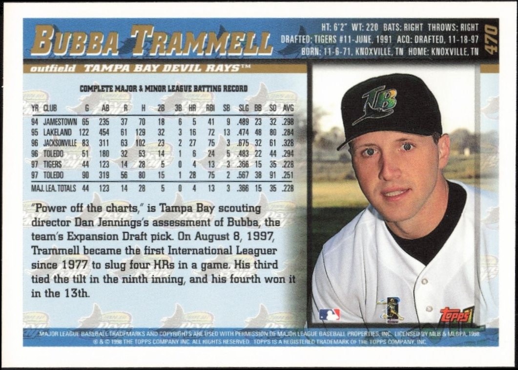 1998 Topps Bubba Trammell #470 baseball trading card back
