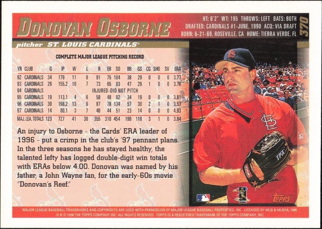 1998 Topps Donovan Osborne #370 baseball trading card back