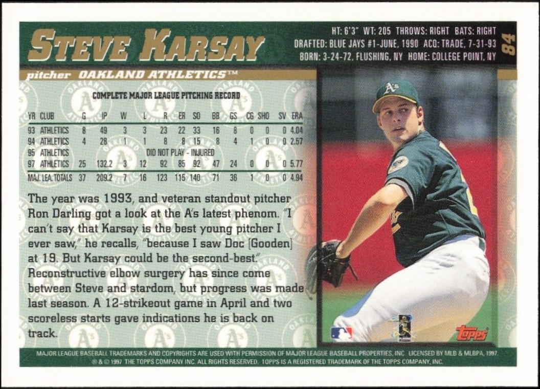 1998 Topps Steve Karsay #84 baseball trading card back