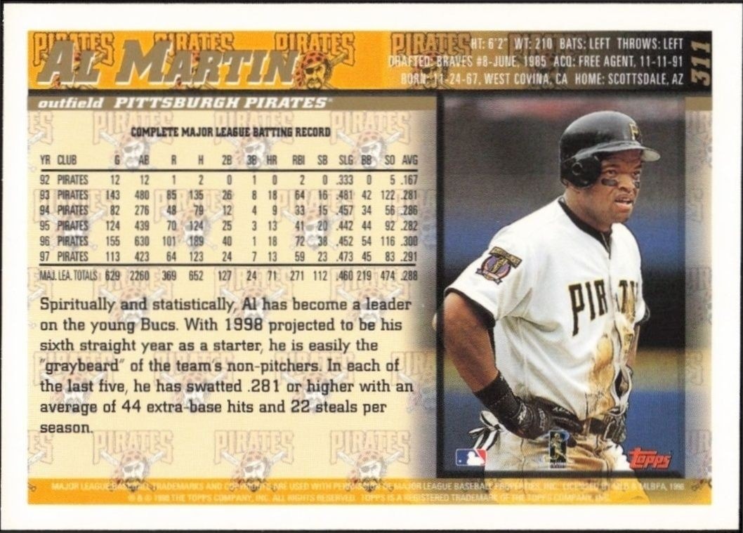 1998 Topps Al Martin #311 baseball trading card back