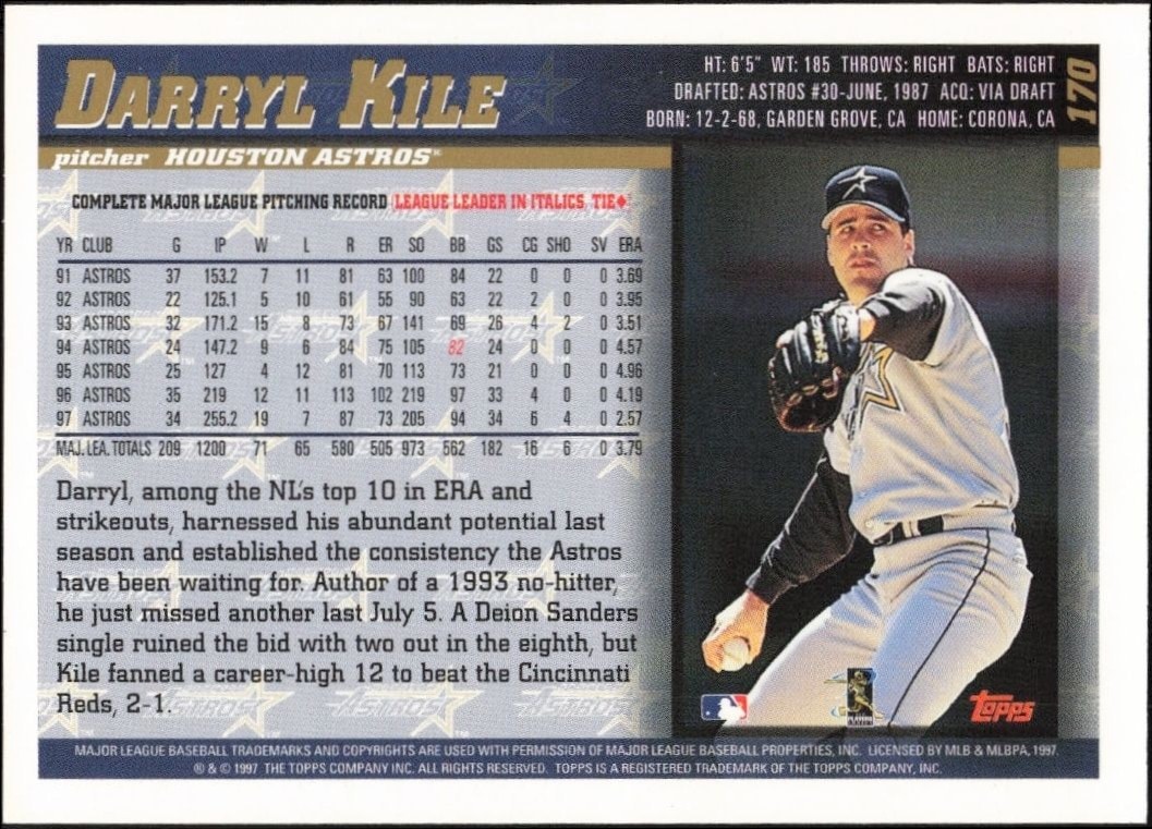 1998 Topps Darryl Kile #170 baseball trading card back