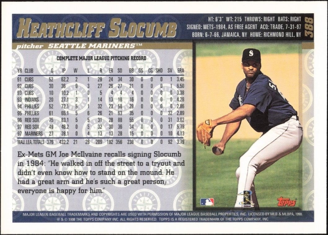1998 Topps Heathcliff Slocumb #388 baseball trading card back