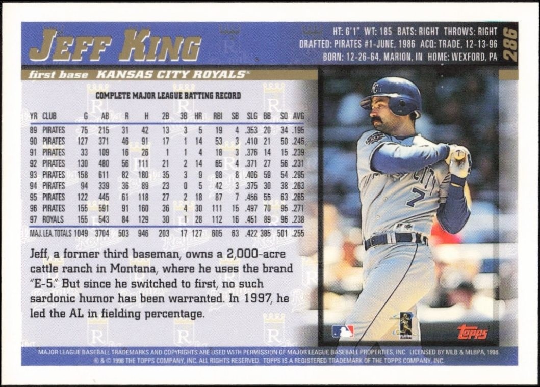 1998 Topps Jeff King #286 baseball trading card back