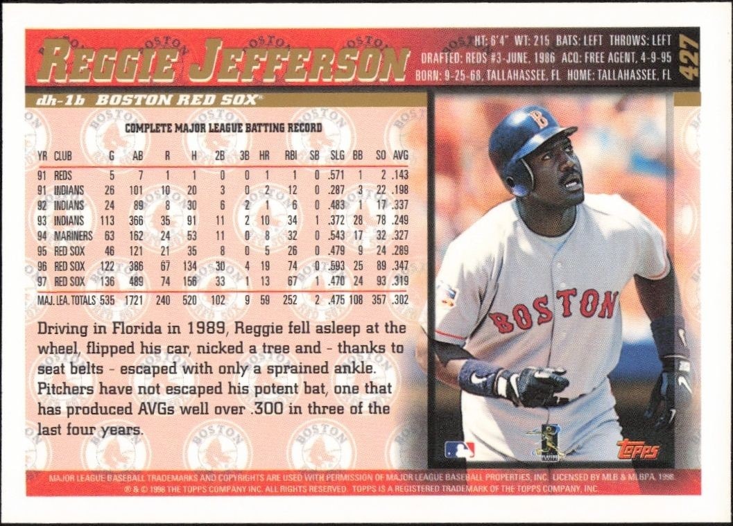 1998 Topps Reggie Jefferson #427 baseball trading card back