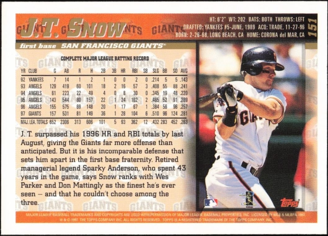 1998 Topps J.T. Snow #151 baseball trading card back