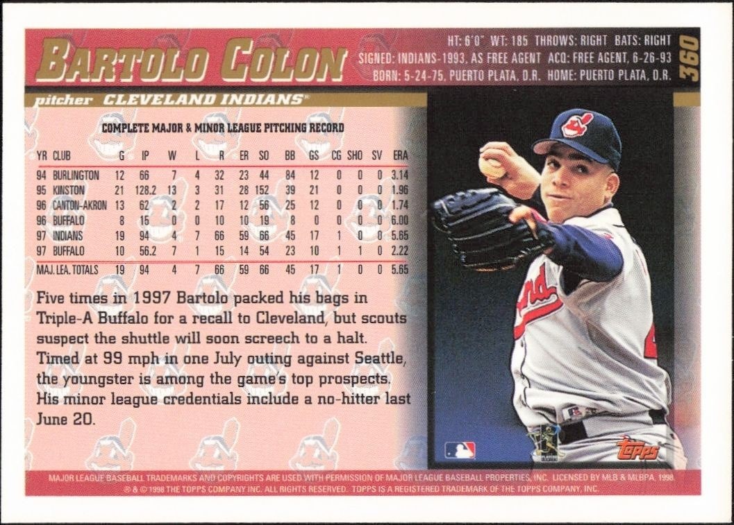 1998 Topps Bartolo Colon #360 baseball trading card back