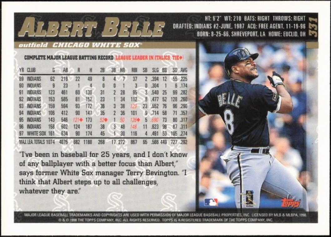1998 Topps Albert Belle #331 baseball trading card back