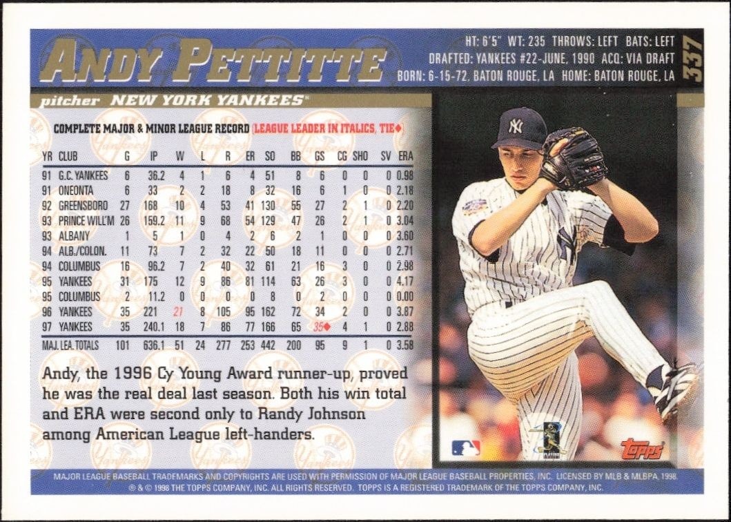 1998 Topps Andy Pettitte #337 baseball trading card back
