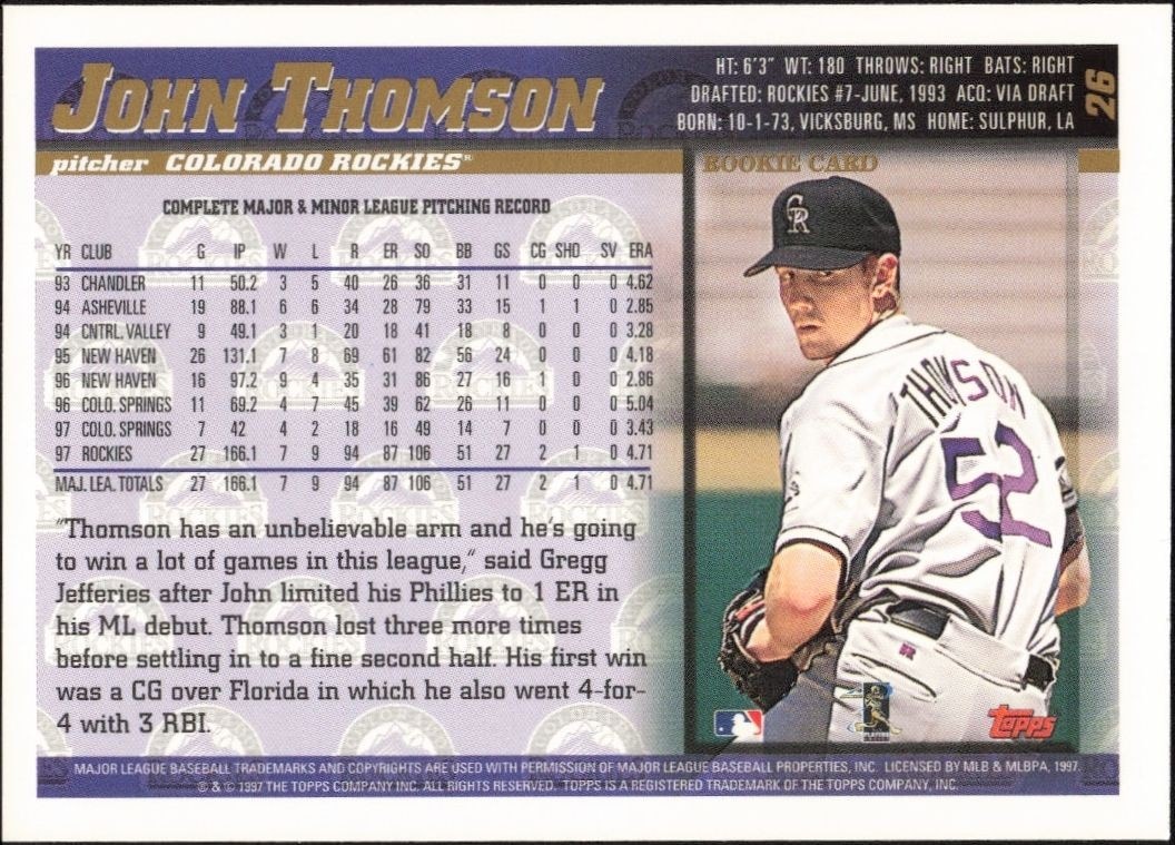 1998 Topps John Thomson #26 baseball trading card back
