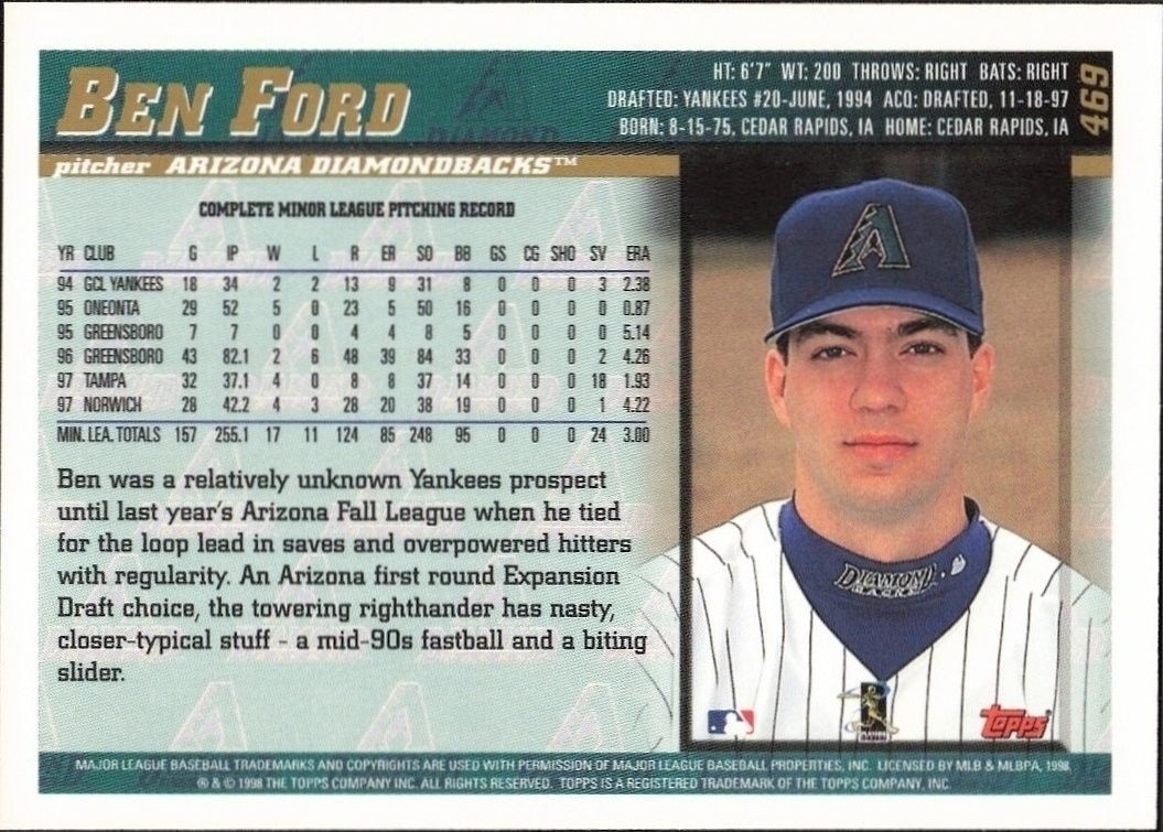 1998 Topps Ben Ford #469 baseball trading card back