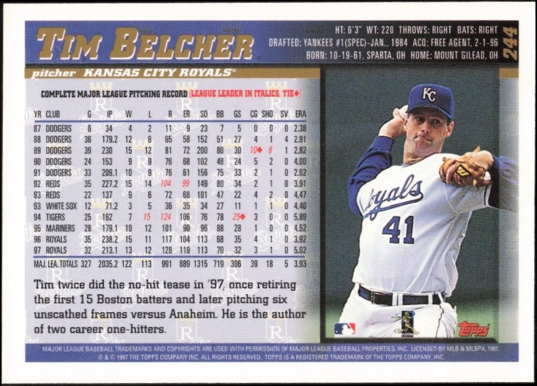 1998 Topps Tim Belcher #244 baseball trading card back