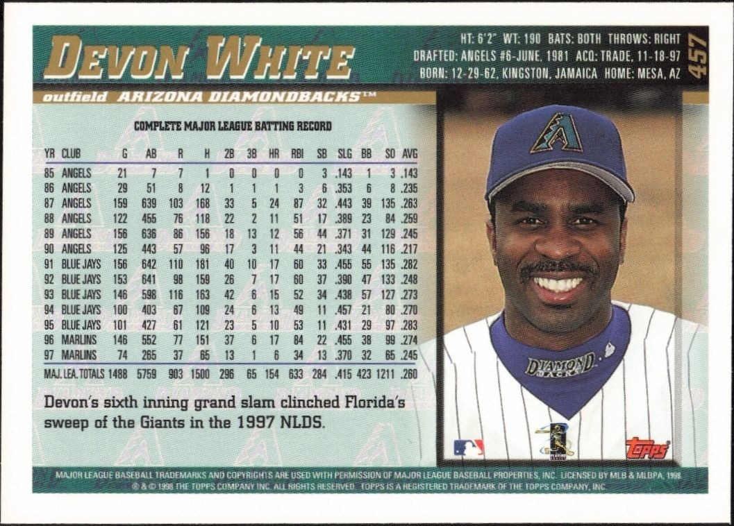 1998 Topps White Devon White #457 baseball trading card back