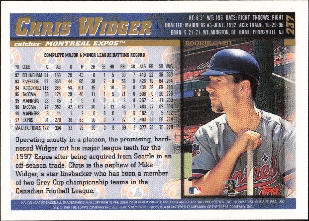 1998 Topps Chris Widger #237 baseball trading card back