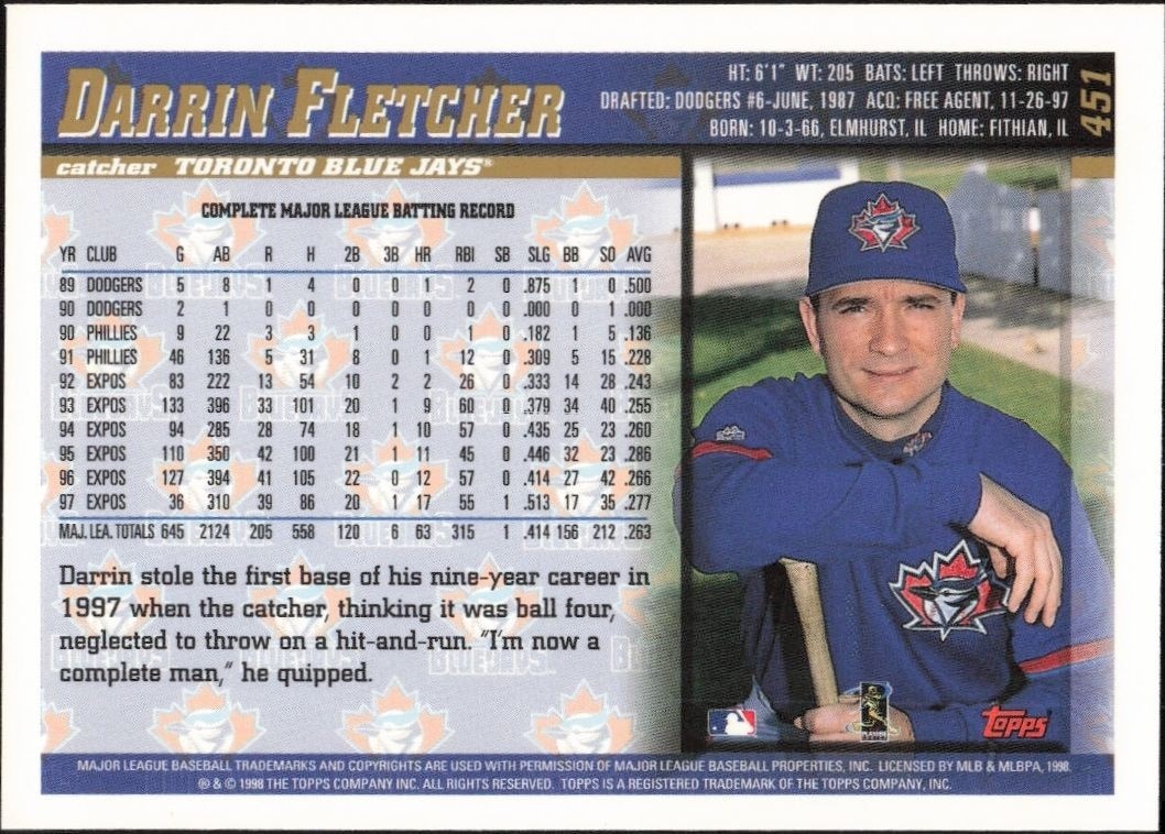 1998 Topps Darrin Fletcher #451 baseball trading card back