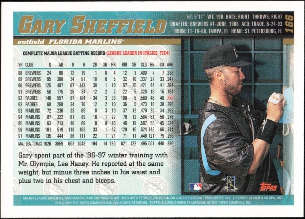 1998 Topps Gary Sheffield #166 baseball trading card back